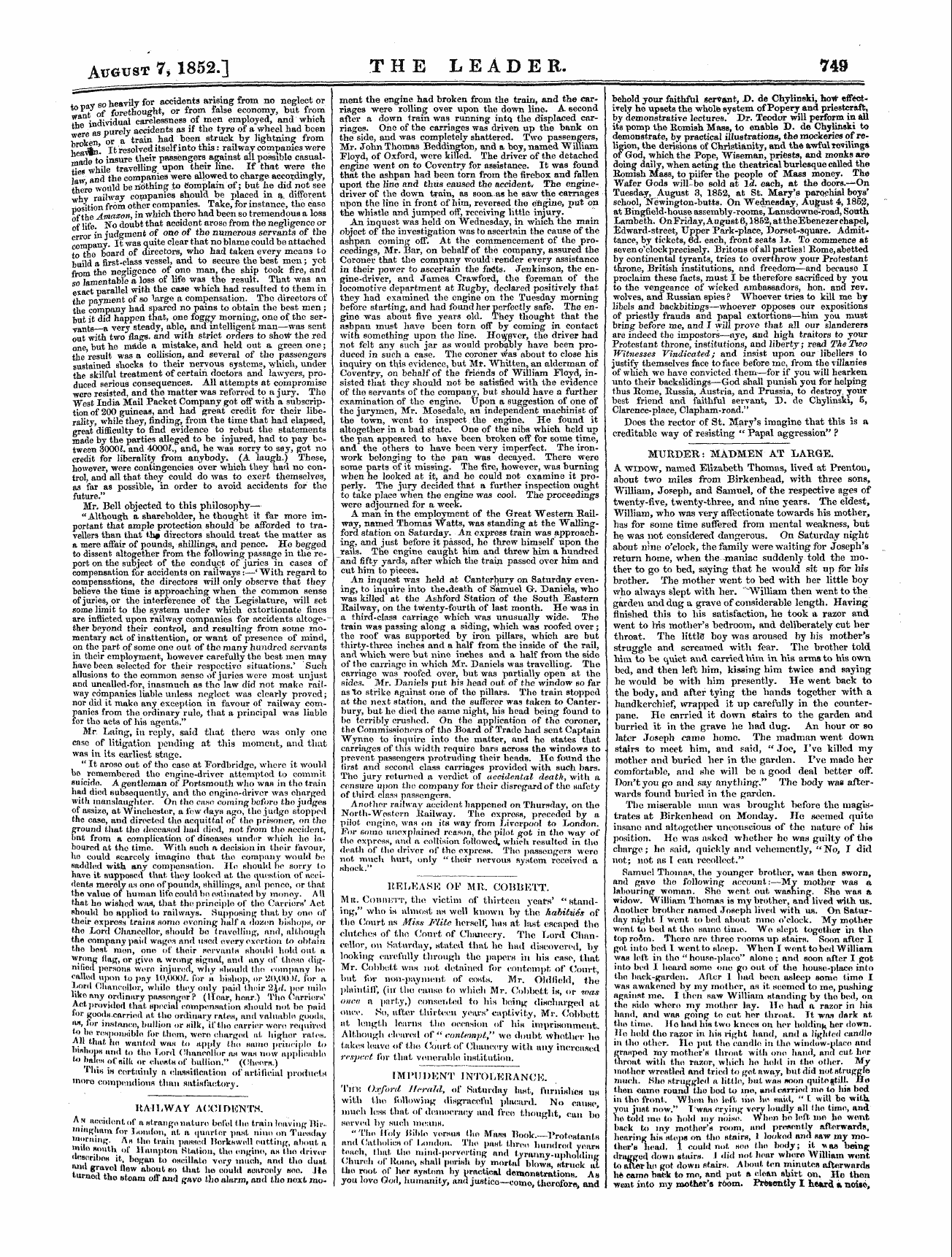 Leader (1850-1860): jS F Y, Country edition - Murder: Madmen At Large. A Widow, Named ...