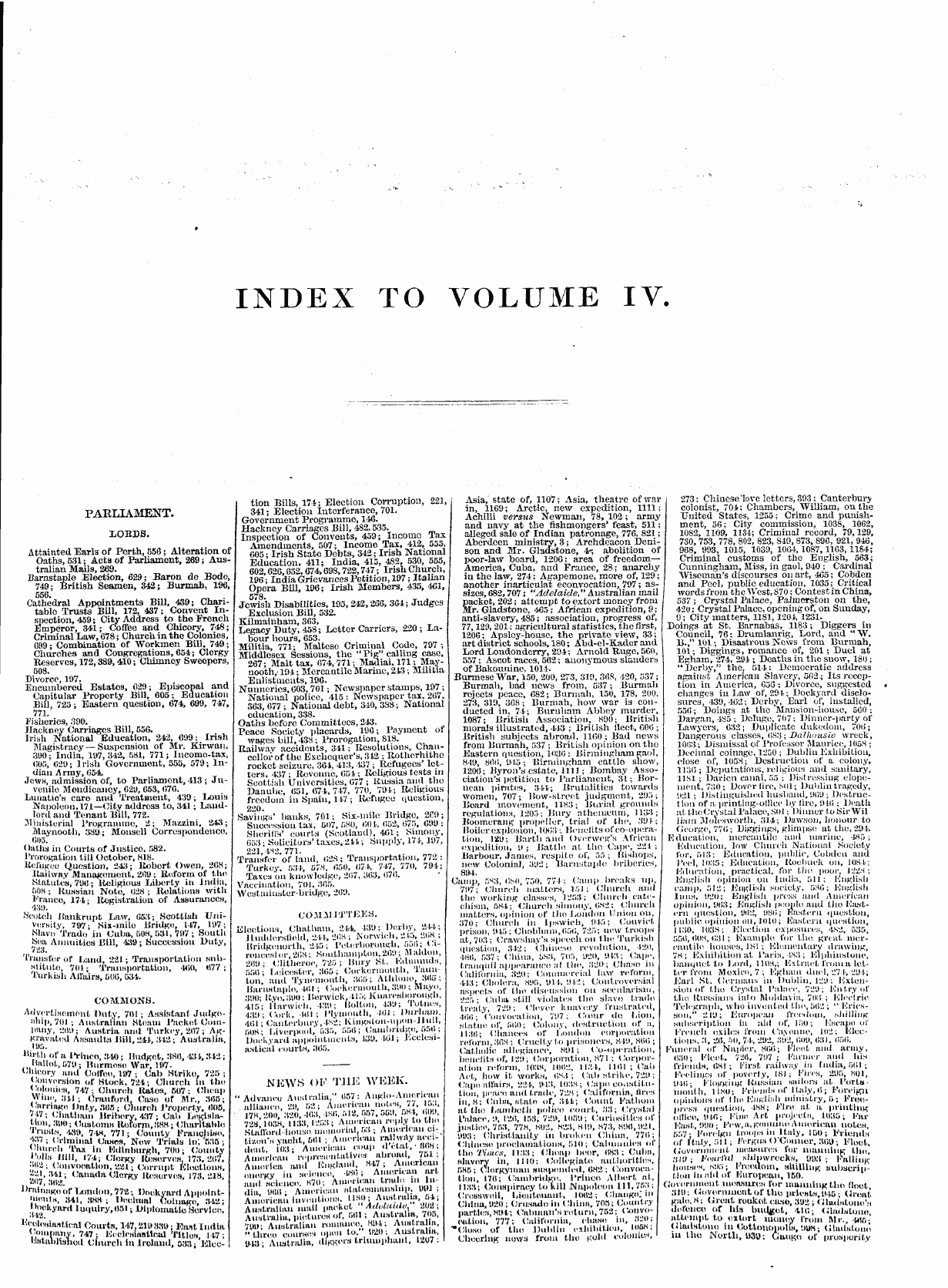 Leader (1850-1860): jS F Y, 1st edition, Front matter - » Index To Volume Iv.
