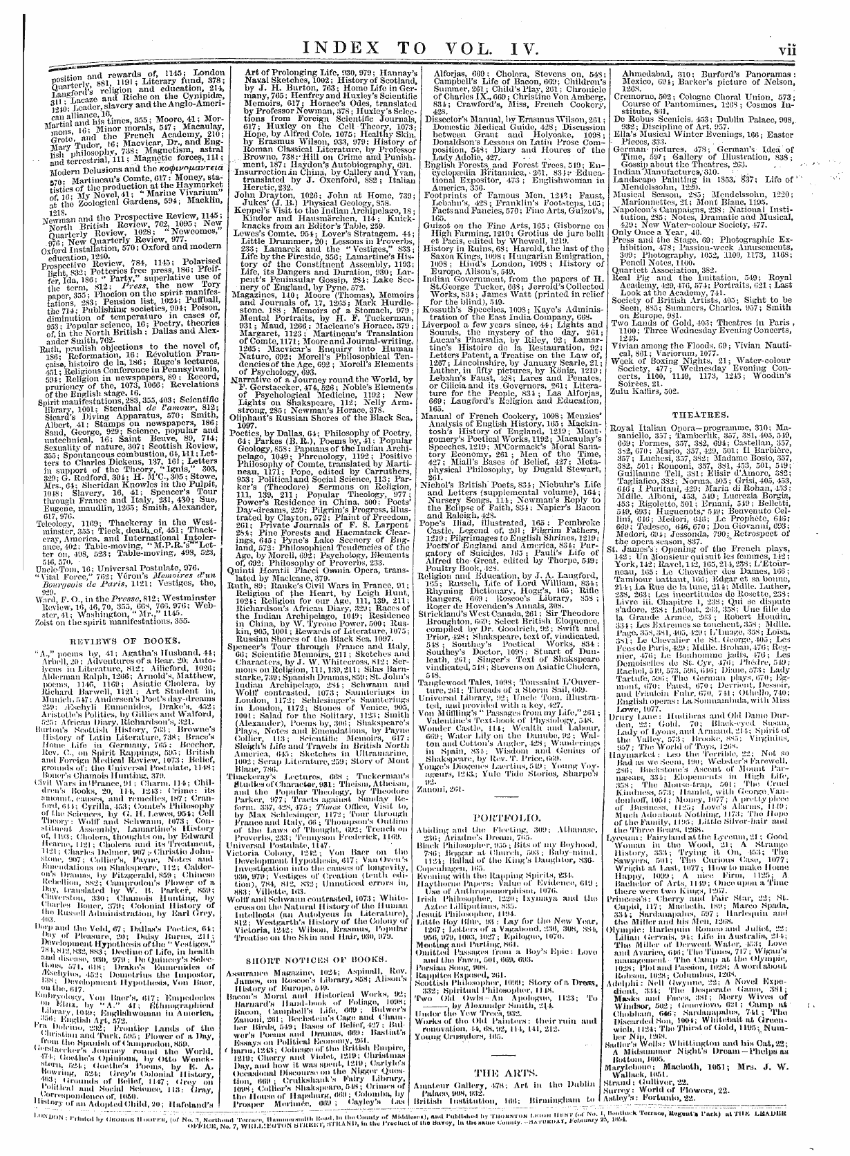 Leader (1850-1860): jS F Y, 1st edition, Front matter - __ Index To Vol. Iv. _ Vii