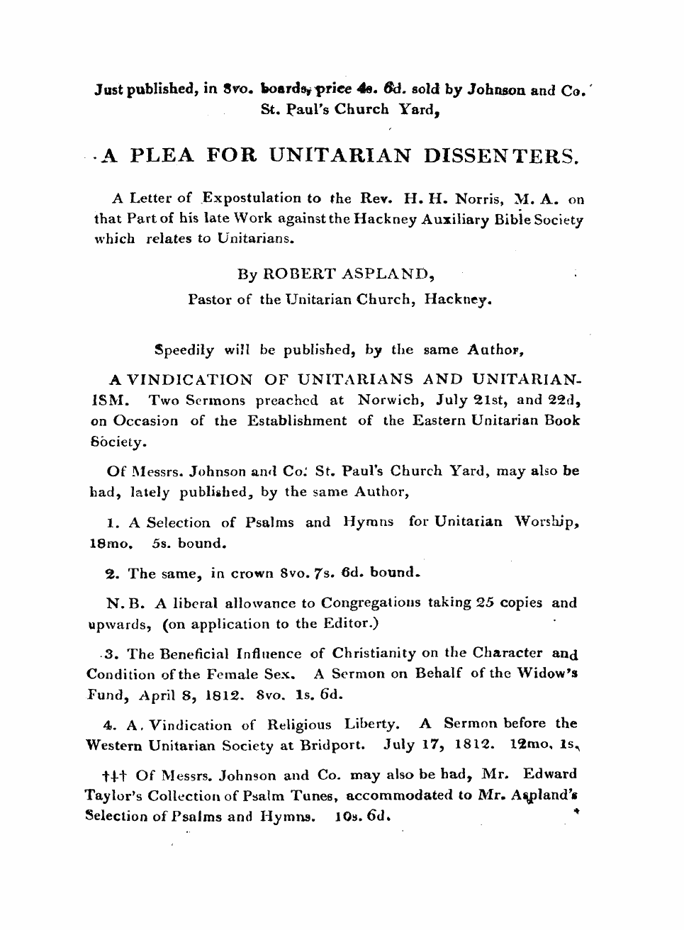 Monthly Repository (1806-1838) and Unitarian Chronicle (1832-1833): F Y, 1st edition, End matter - Untitled Ad