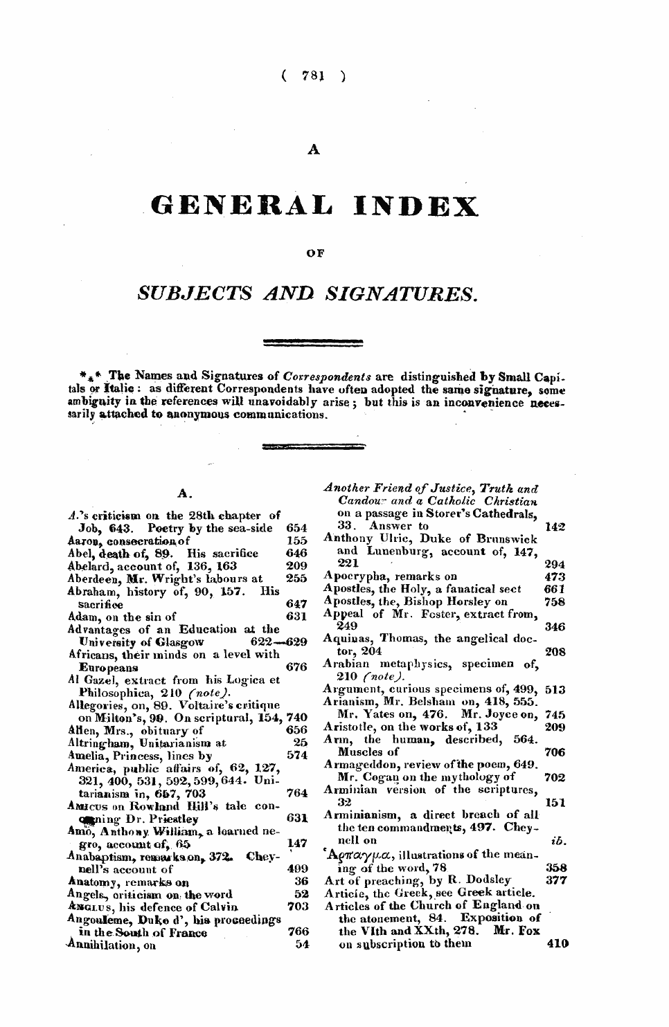 Monthly Repository (1806-1838) and Unitarian Chronicle (1832-1833): F Y, 1st edition, End matter - A General Index Of Subjects And Signatures.