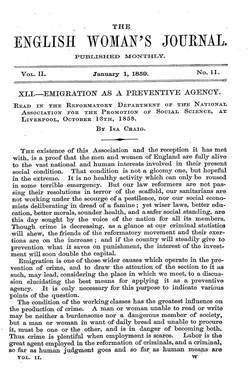 English Woman’s Journal (1858-1864): F Y, 1st edition - Xli —Emigration As A Preventive Agency.