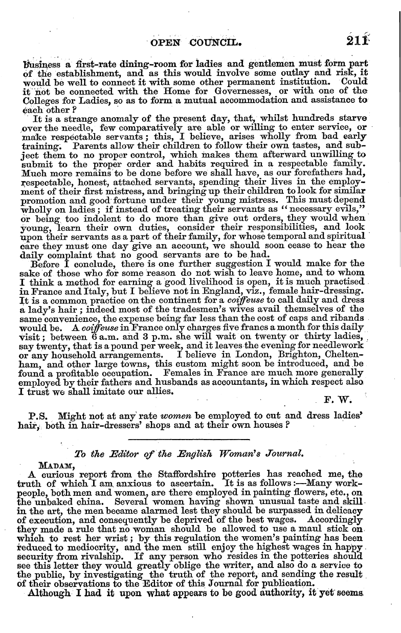 English Woman’s Journal (1858-1864): F Y, 1st edition - To The Editor Of The English Woman's Jou...