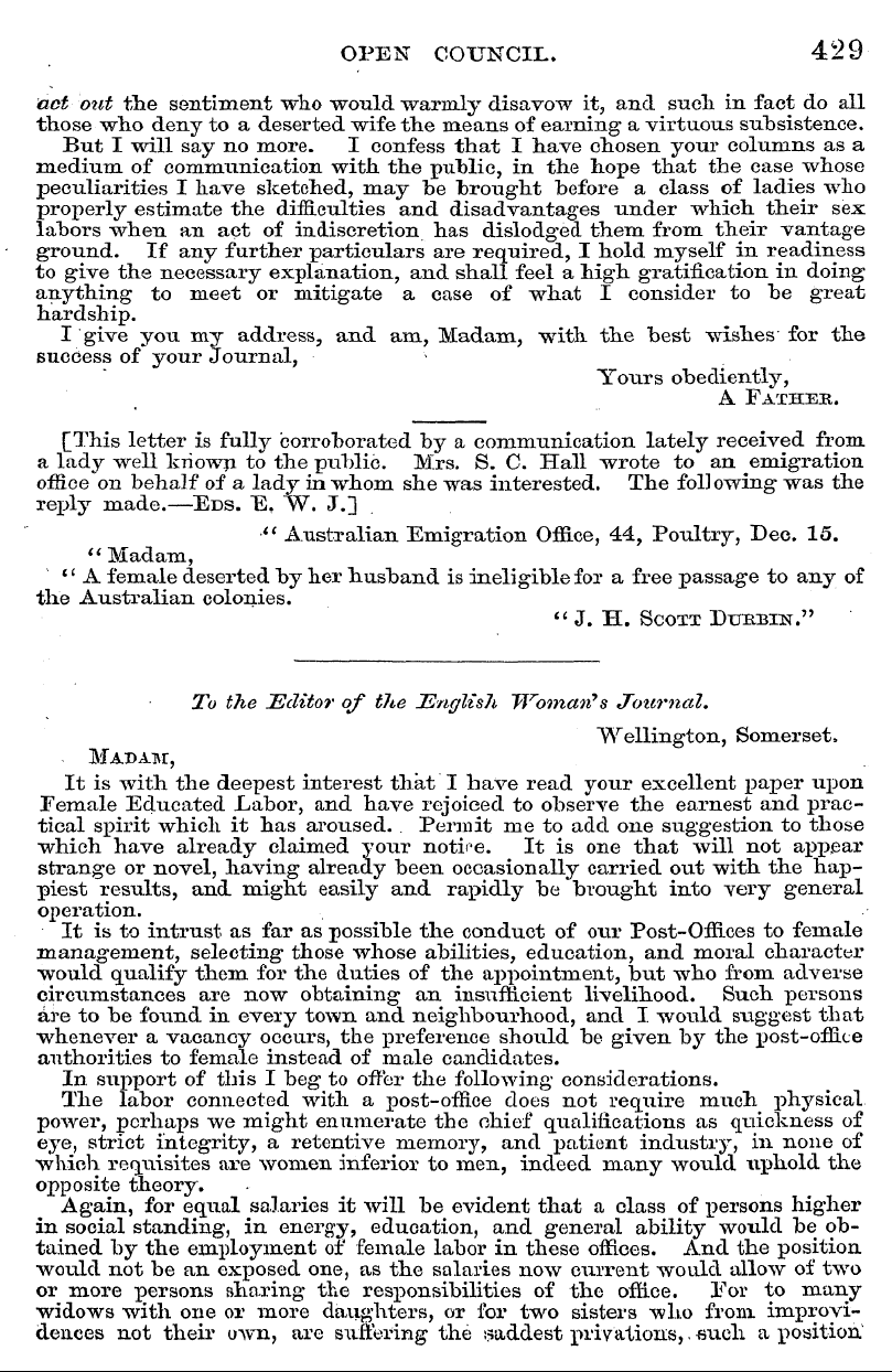 English Woman’s Journal (1858-1864): F Y, 1st edition - To The Editor Of The English Woman's Jou...