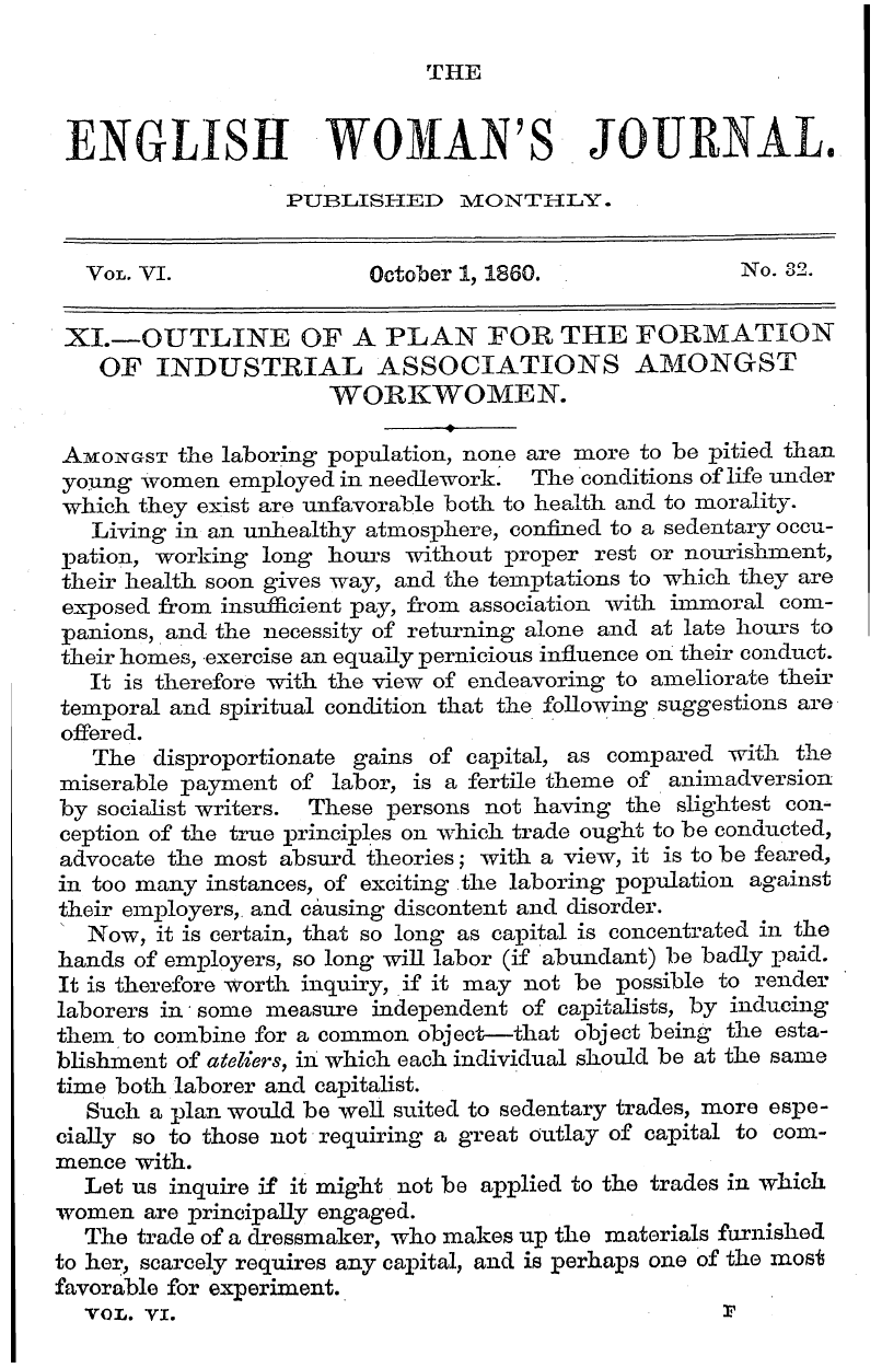 English Woman’s Journal (1858-1864): F Y, 1st edition - Vol. Vi. October 1,1860. . No. 32.