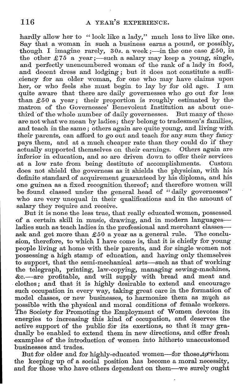 English Woman’s Journal (1858-1864): F Y, 1st edition - 116 A Year's Experience.