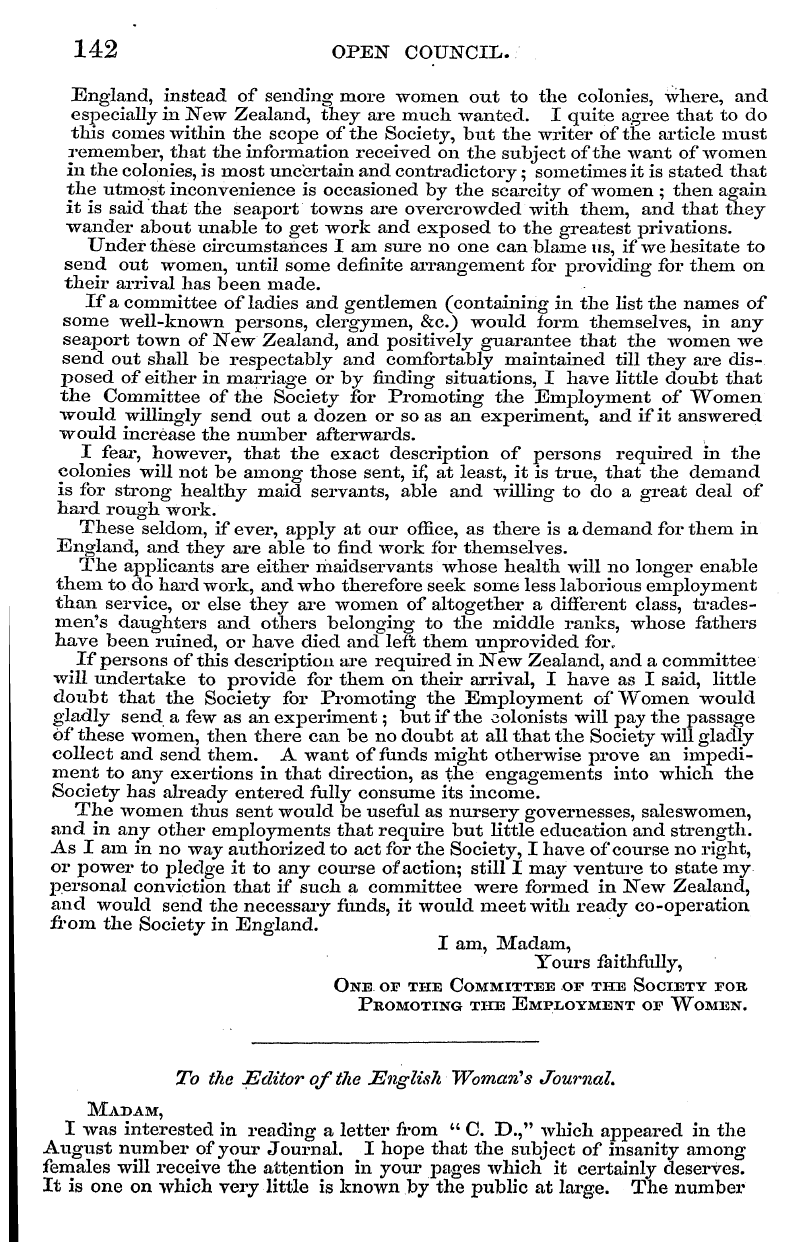 English Woman’s Journal (1858-1864): F Y, 1st edition - 142 Open Council.