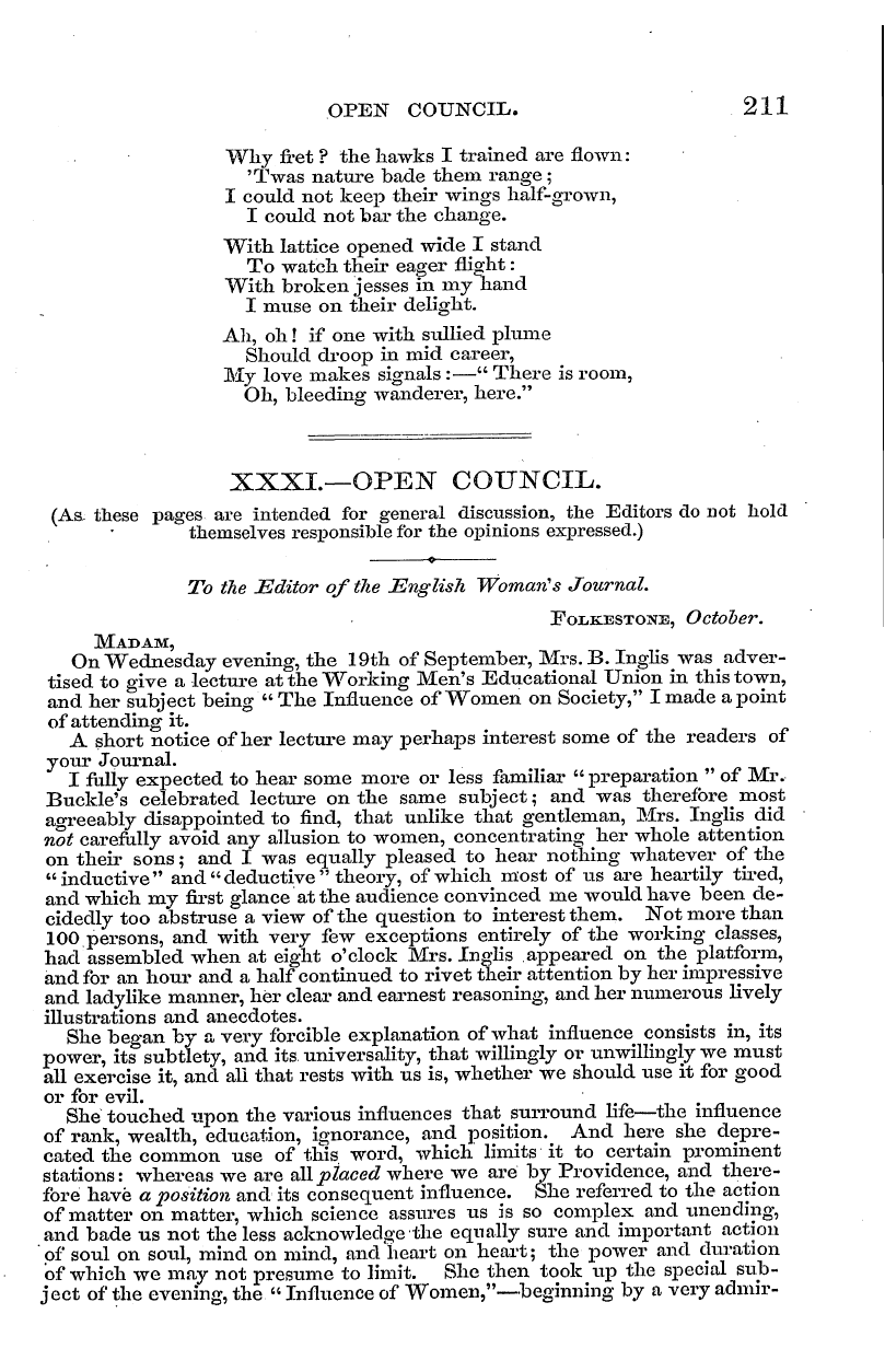 English Woman’s Journal (1858-1864): F Y, 1st edition - Open Council. 211