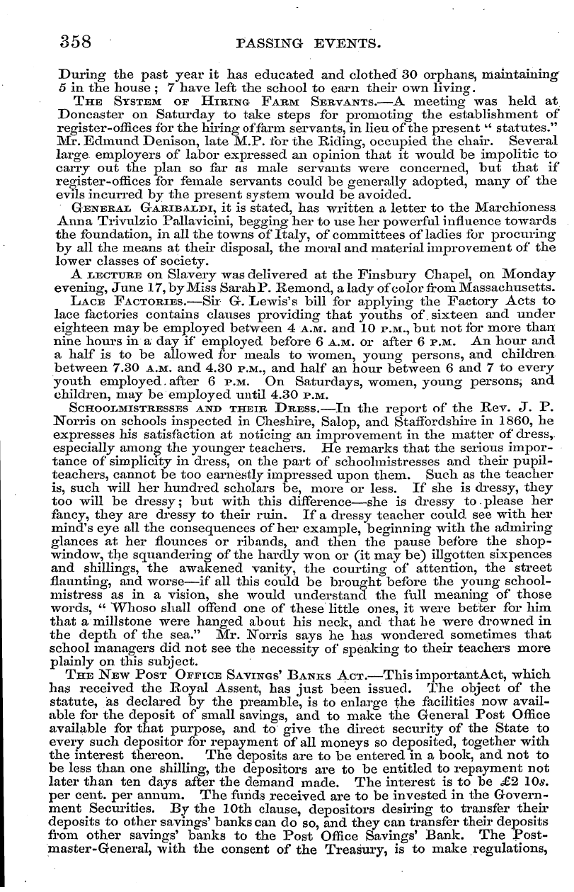 English Woman’s Journal (1858-1864): F Y, 1st edition - 358 Passing Events.