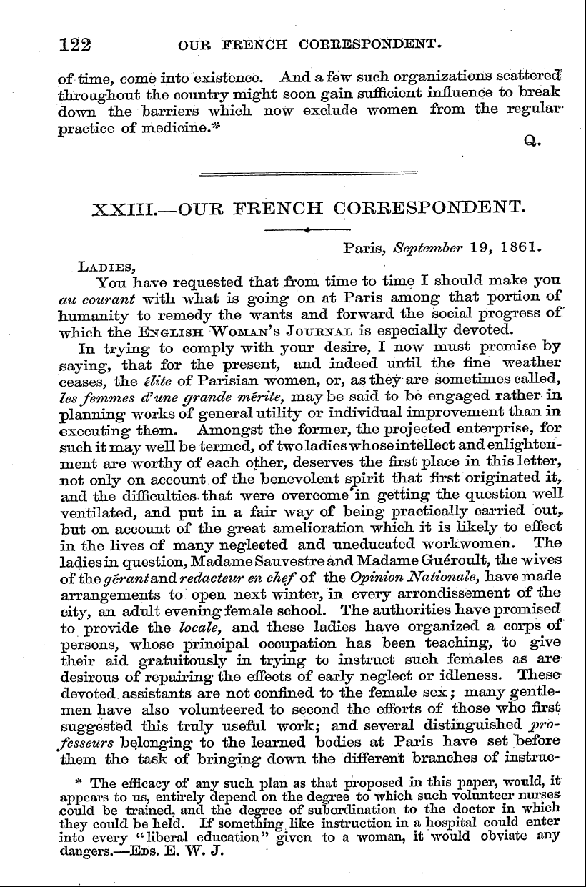 English Woman’s Journal (1858-1864): F Y, 1st edition - 122 Our French Correspondent.