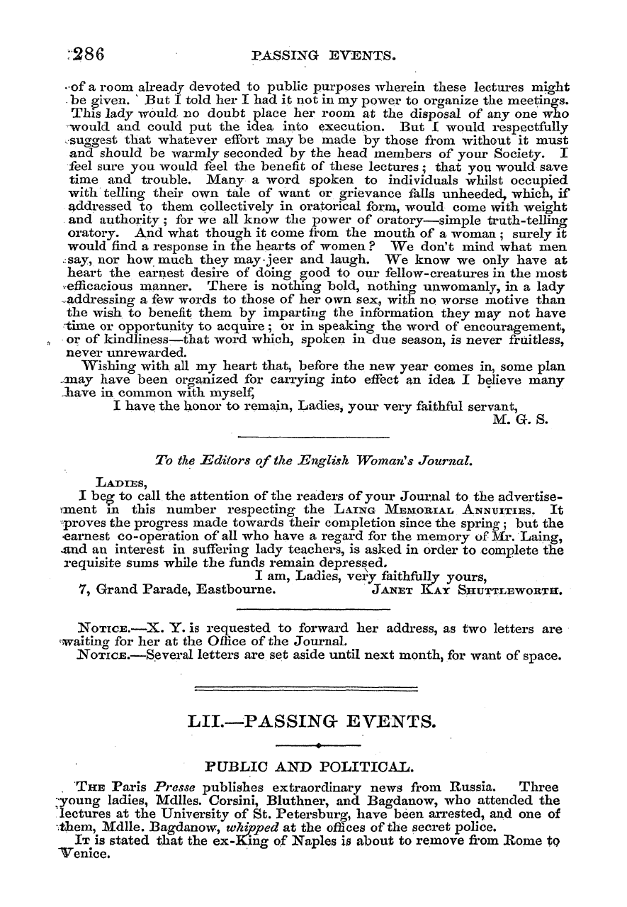 English Woman’s Journal (1858-1864): F Y, 1st edition - Notice.—X. Y. Is Requested To Forward He...