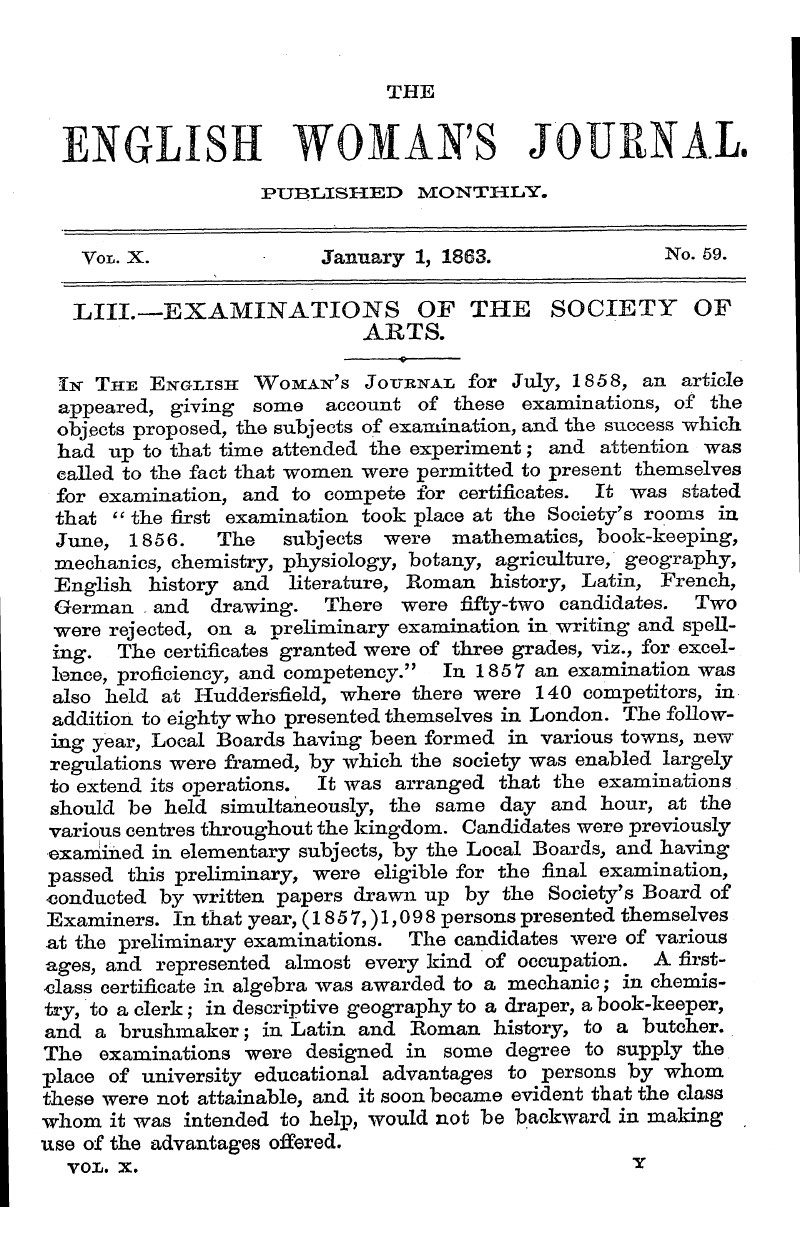 English Woman’s Journal (1858-1864): F Y, 1st edition - Vox.. X. January 1, 1863. No. 59.