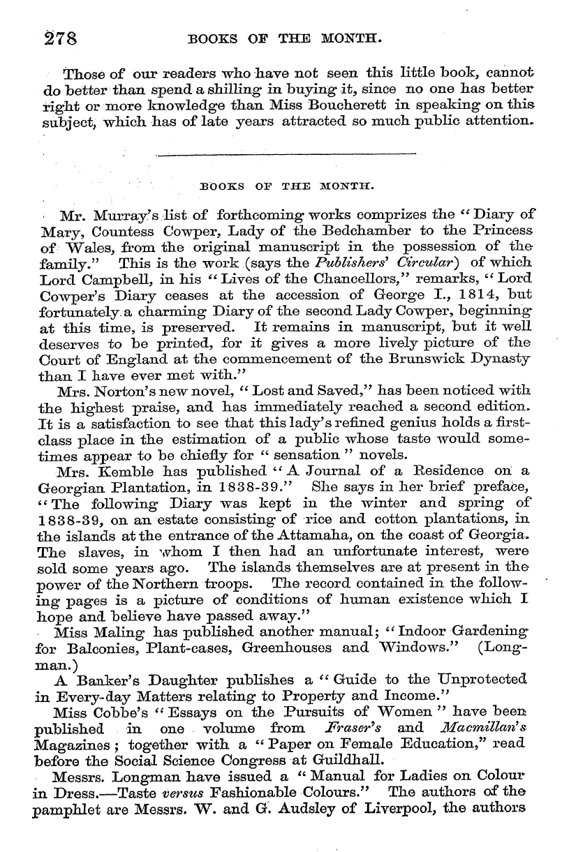 English Woman’s Journal (1858-1864): F Y, 1st edition - 278 Books Of The Month.