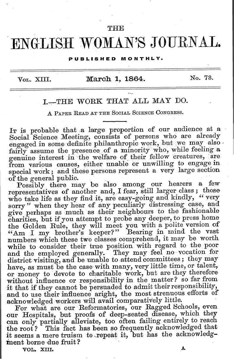 English Woman’s Journal (1858-1864): F Y, 1st edition - Vol. Xiii. Marat ' 1, 1864. No. 73.