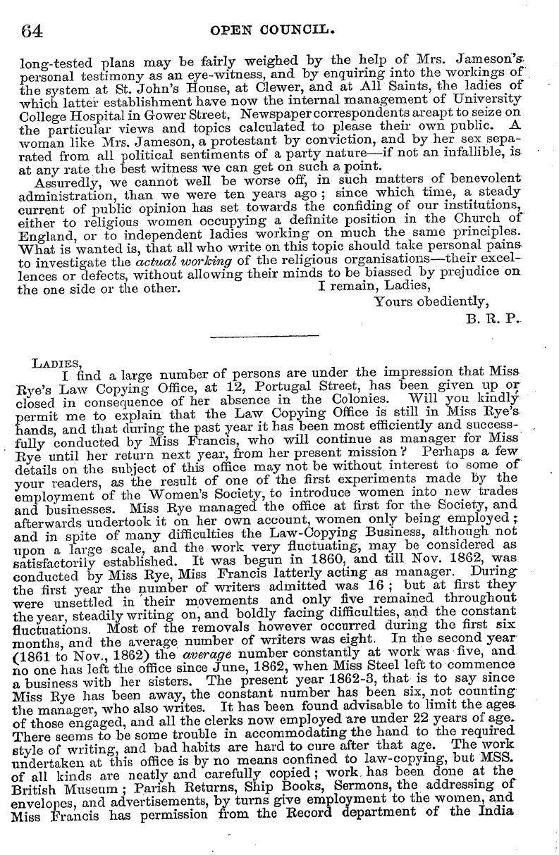 English Woman’s Journal (1858-1864): F Y, 1st edition - 64 Open Council.