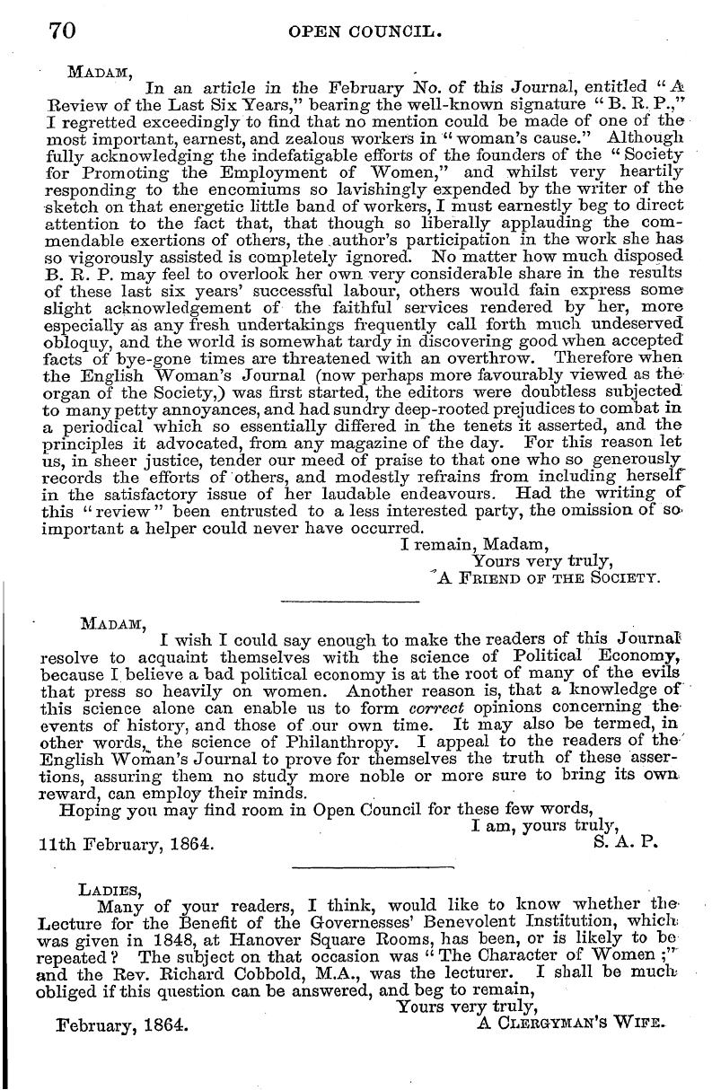 English Woman’s Journal (1858-1864): F Y, 1st edition - 70 Open Council.