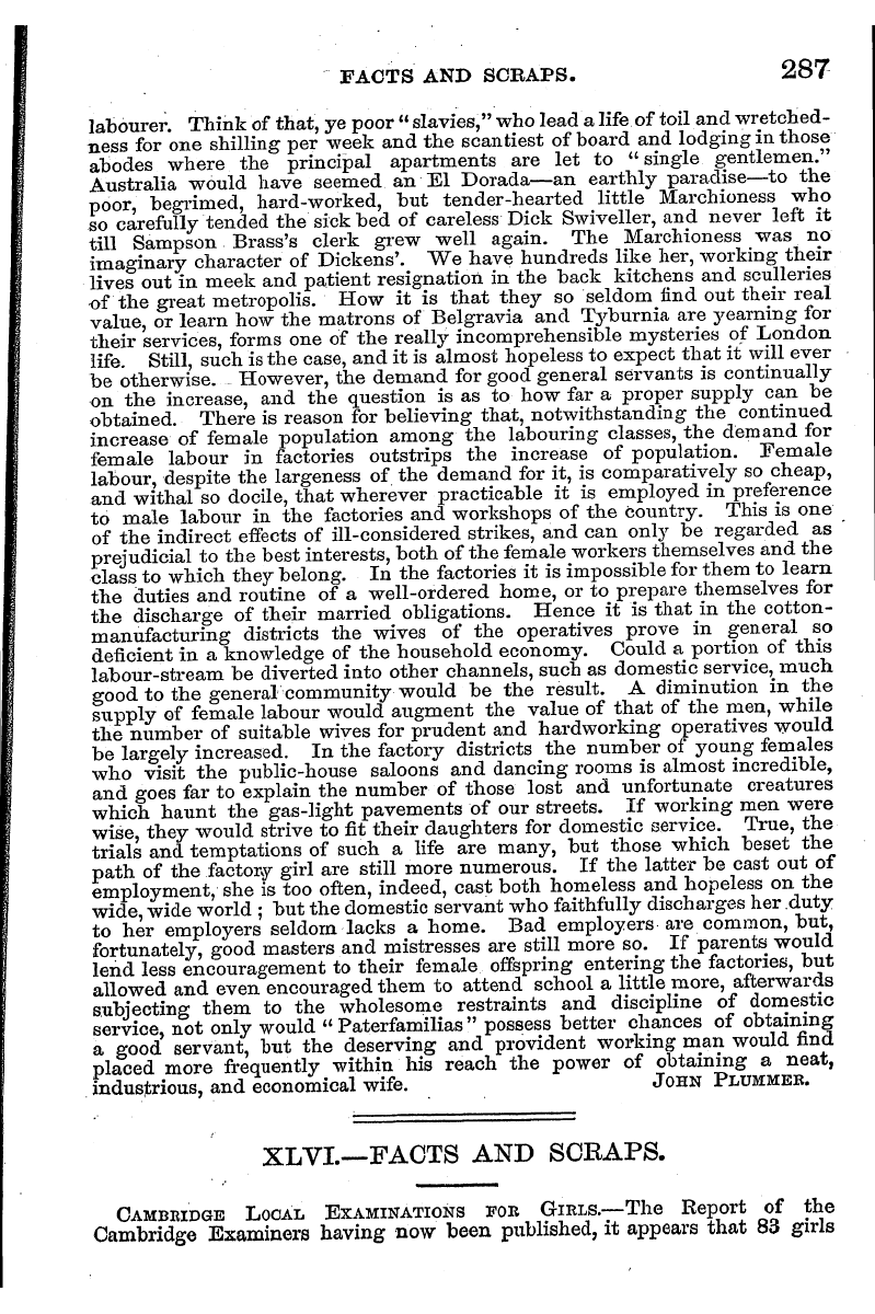 English Woman’s Journal (1858-1864): F Y, 1st edition - Facts And Scraps. 287