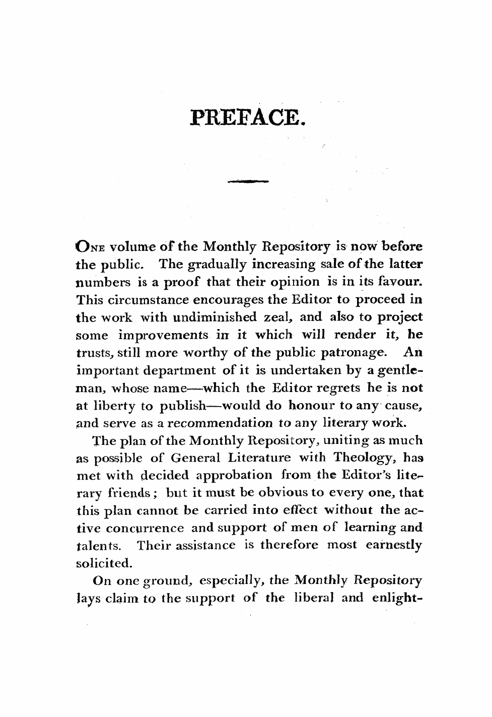 Monthly Repository (1806-1838) and Unitarian Chronicle (1832-1833): F Y, 1st edition, Front matter - Preface.