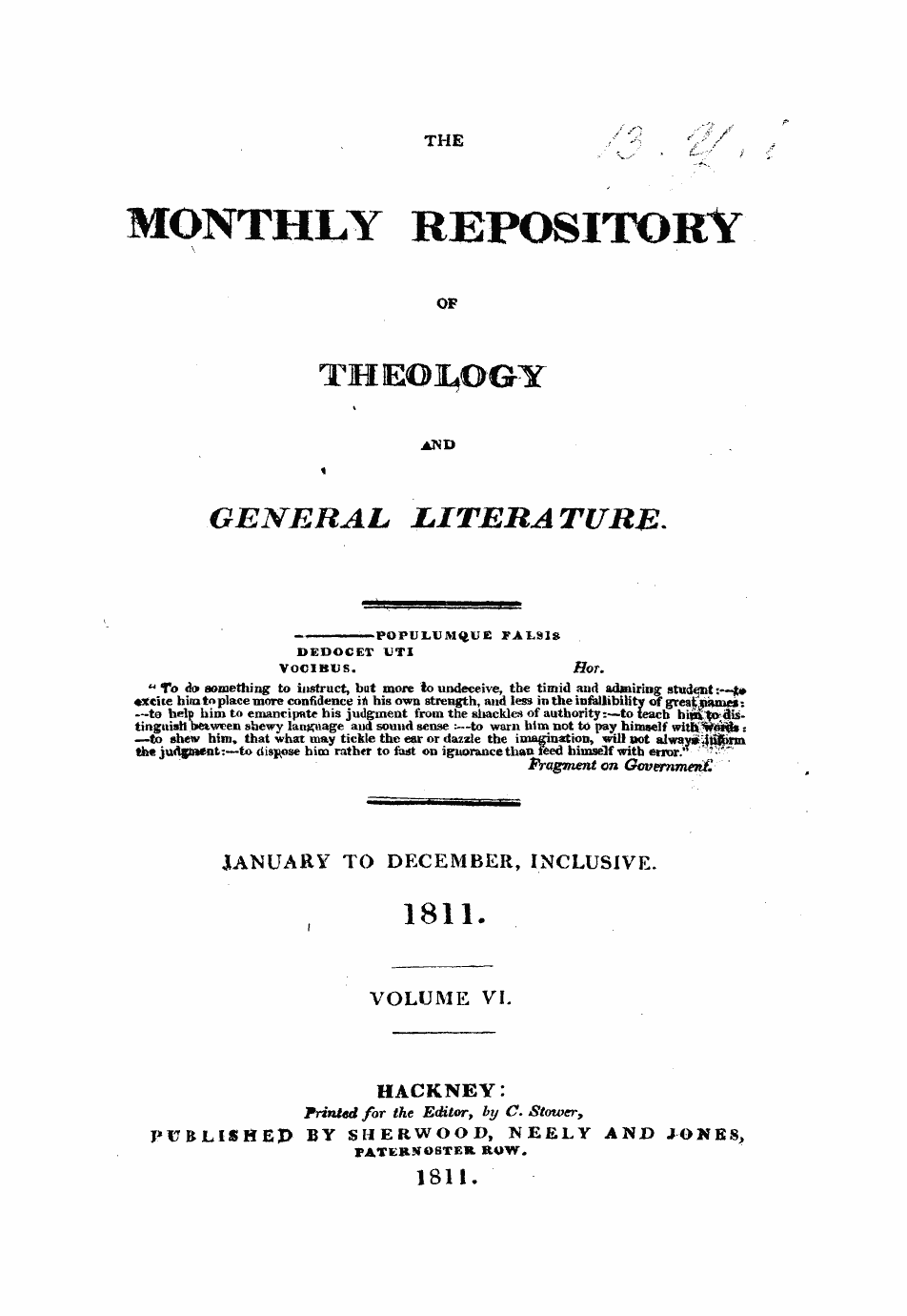 Monthly Repository (1806-1838) and Unitarian Chronicle (1832-1833): F Y, 1st edition, Front matter - Untitled Article