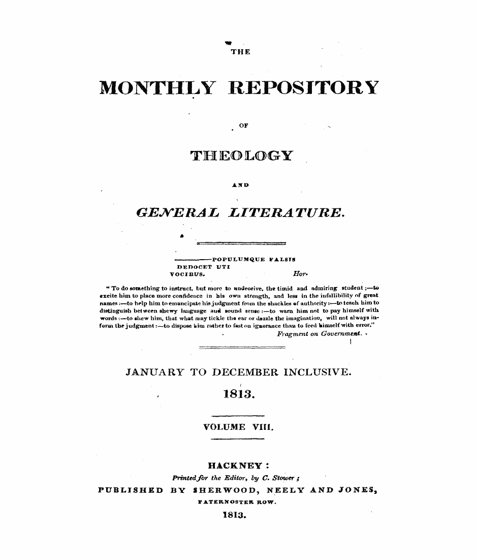 Monthly Repository (1806-1838) and Unitarian Chronicle (1832-1833): F Y, 1st edition, Front matter - The Monthly Repository Of Theology And General Literature.