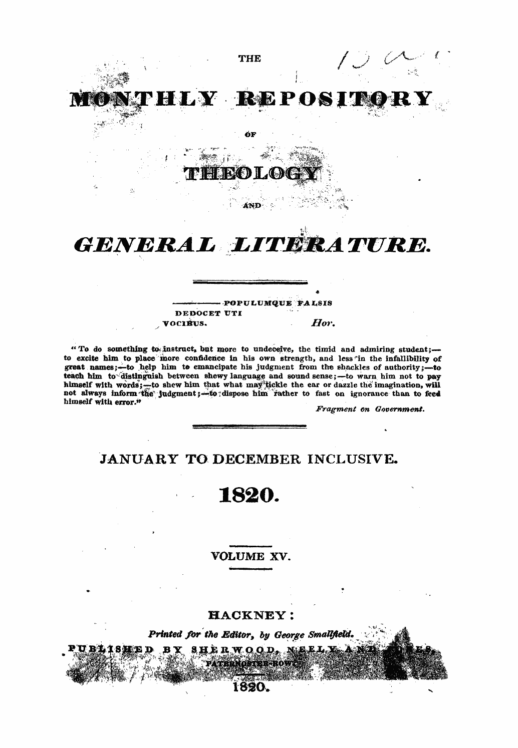 Monthly Repository (1806-1838) and Unitarian Chronicle (1832-1833): F Y, 1st edition, Front matter: 2