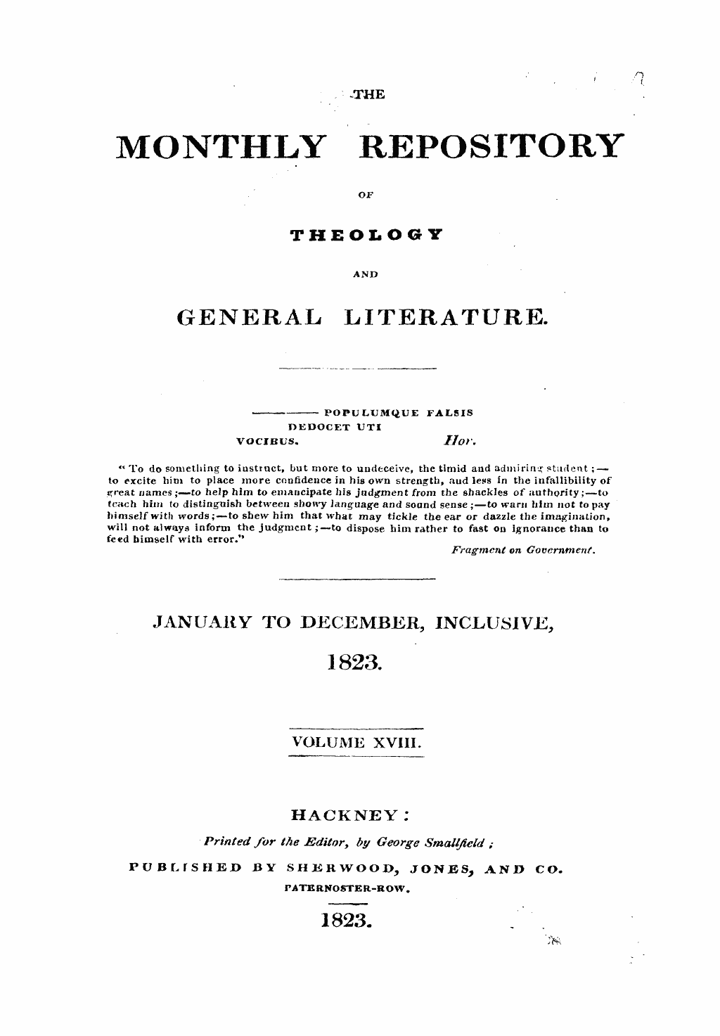 Monthly Repository (1806-1838) and Unitarian Chronicle (1832-1833): F Y, 1st edition, Front matter - Untitled Article