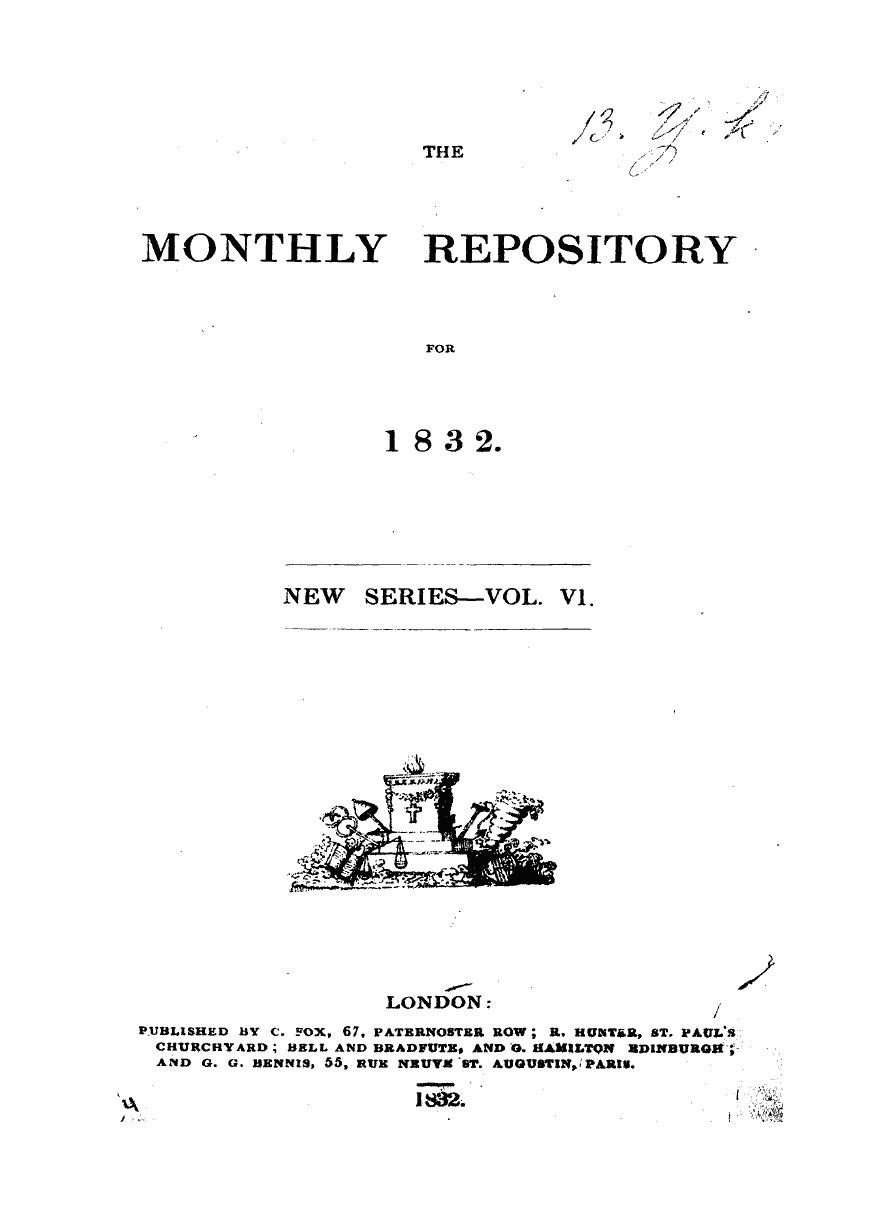 Monthly Repository (1806-1838) and Unitarian Chronicle (1832-1833): F Y, 1st edition, Front matter - Untitled Picture
