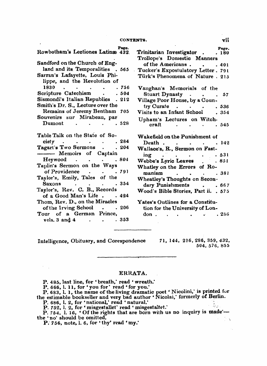 Monthly Repository (1806-1838) and Unitarian Chronicle (1832-1833): F Y, 1st edition, Front matter - Errata.