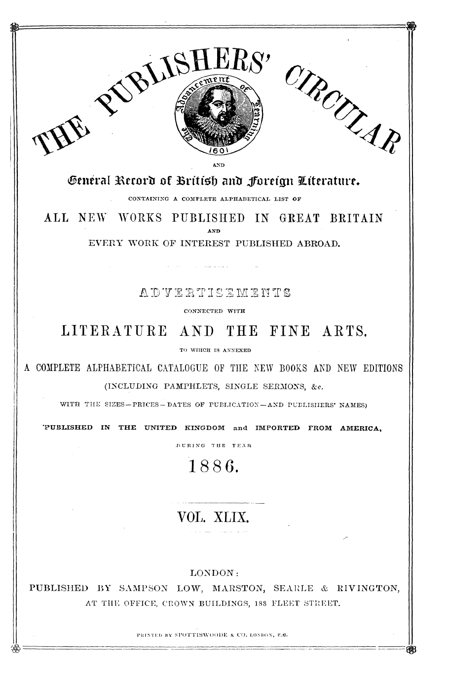 Publishers’ Circular (1880-1890): jS F Y, 1st edition, Front matter - Vol. Xlix.