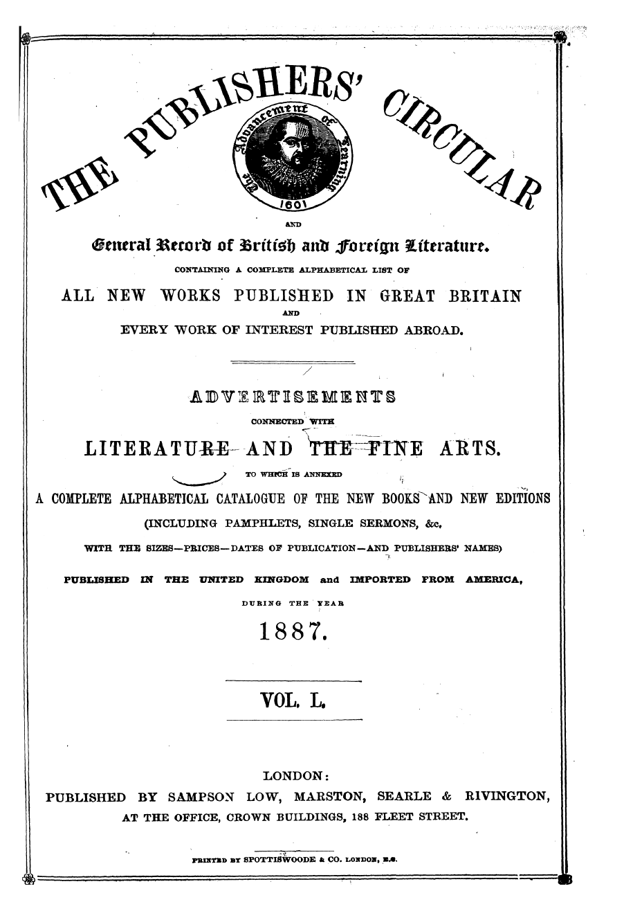 Publishers’ Circular (1880-1890): jS F Y, 1st edition, Front matter: 1