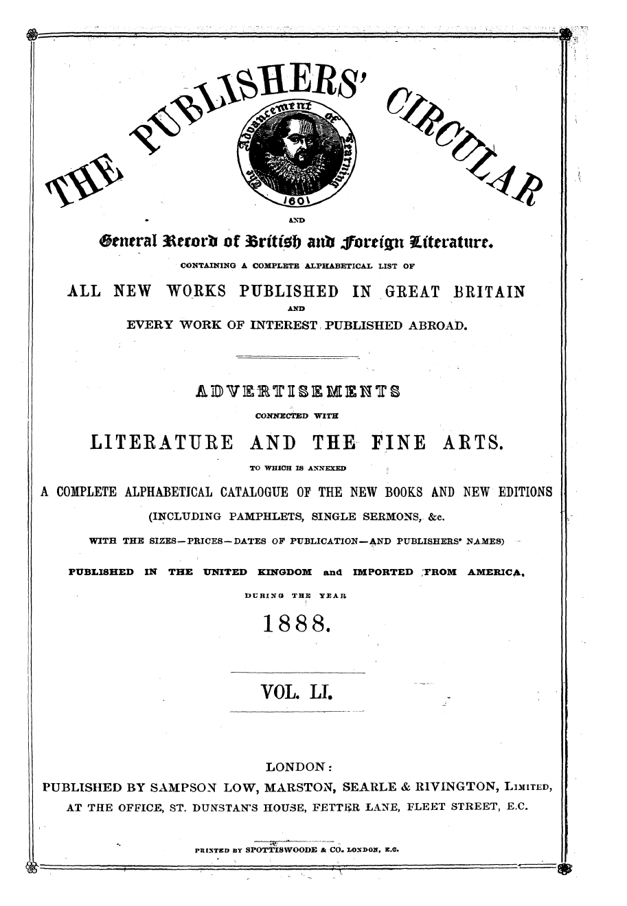 Publishers’ Circular (1880-1890): jS F Y, 1st edition, Front matter: 1