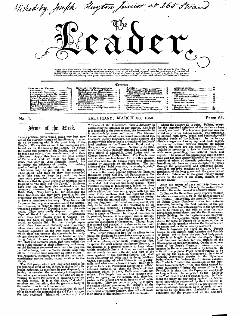 Leader (1850-1860): jS F Y, 1st edition - No. 1. .. . Saturday, March 30, 1850. Pr...