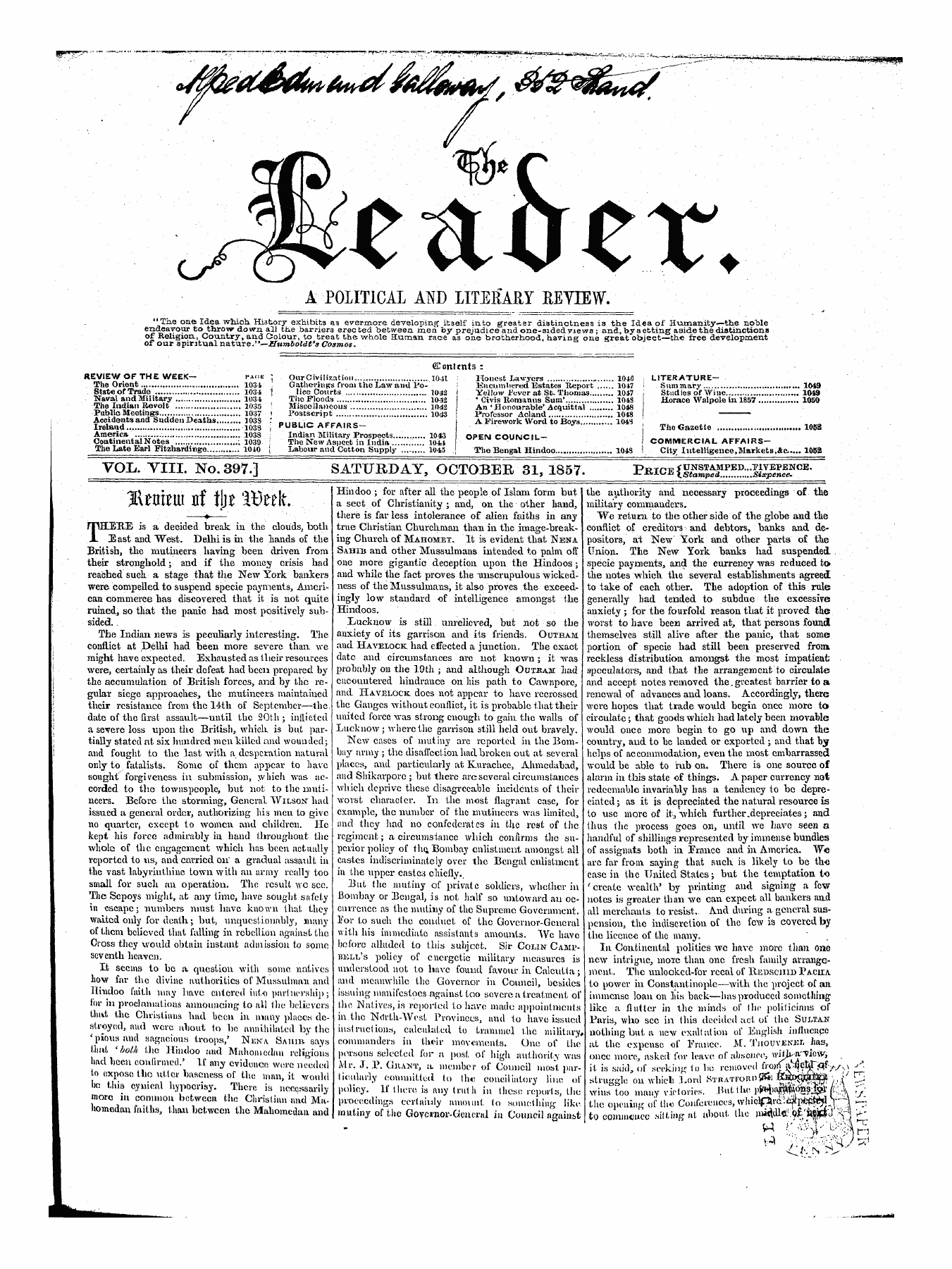 Leader (1850-1860): jS F Y, 1st edition - Ffiontmts : I