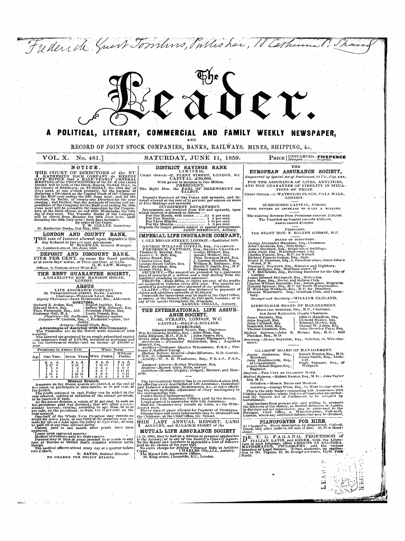 Leader (1850-1860): jS F Y, 3rd edition - Ad00110