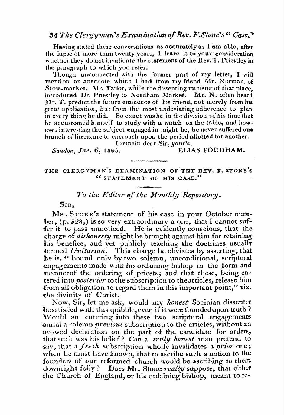 Monthly Repository (1806-1838) and Unitarian Chronicle (1832-1833): F Y, 1st edition - To The Editor Of The Monthly Repository ...