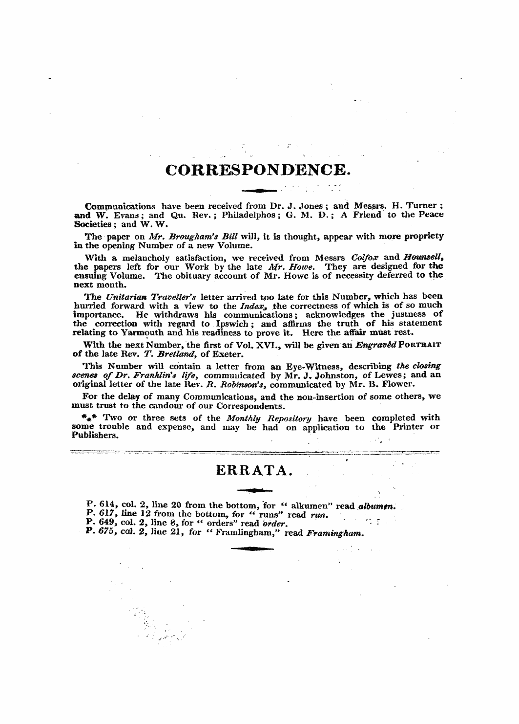 Monthly Repository (1806-1838) and Unitarian Chronicle (1832-1833): F Y, 1st edition, End matter - Correspondence