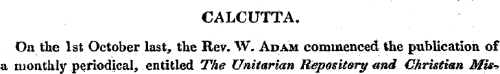 CALCUTTA, Oa the 1st October last, the R...