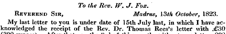 To the Rev. W. J. Fow. Reverend Sir, Mad...