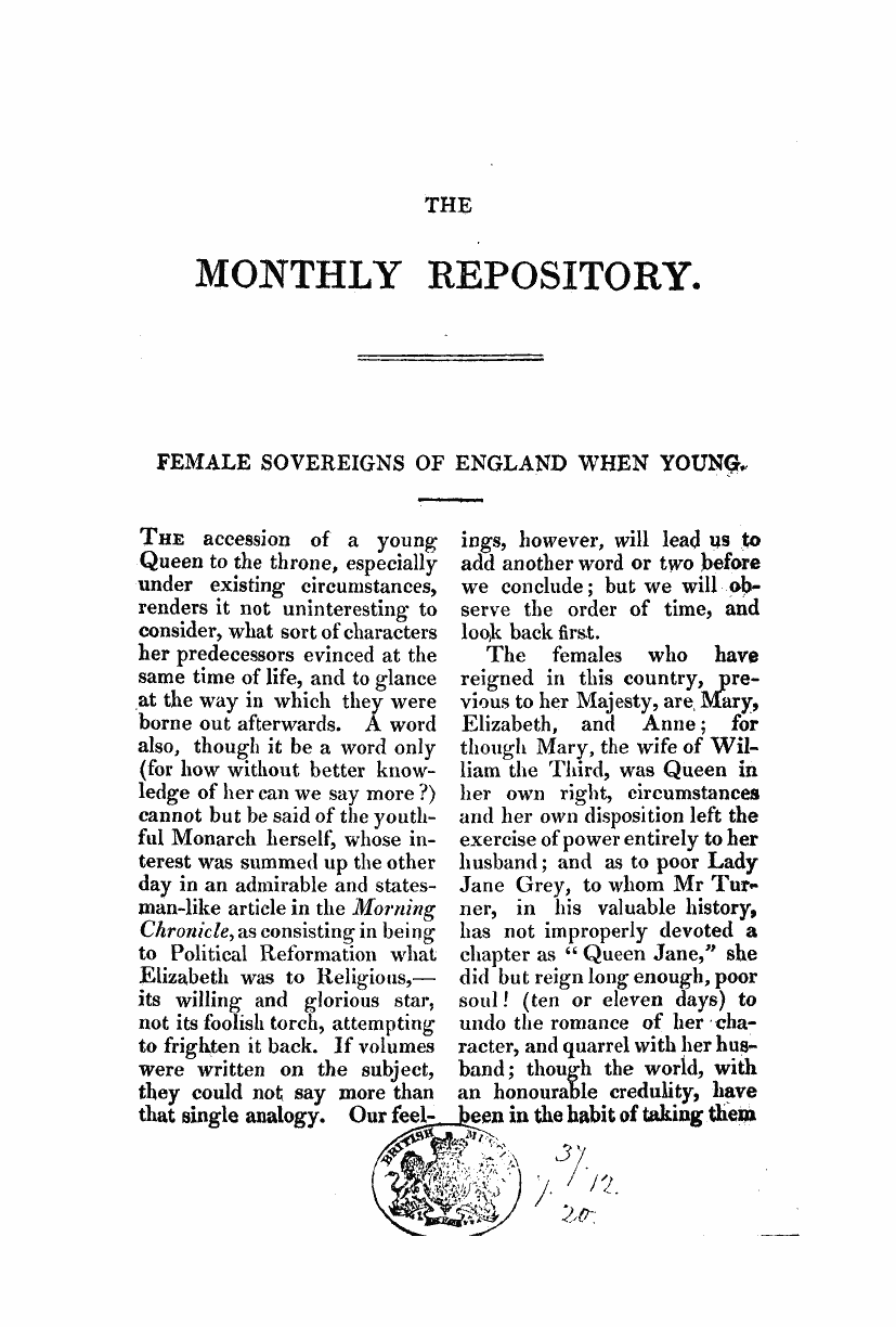 Monthly Repository (1806-1838) and Unitarian Chronicle (1832-1833): F Y, 1st edition - Female Sovereignsof England When Young