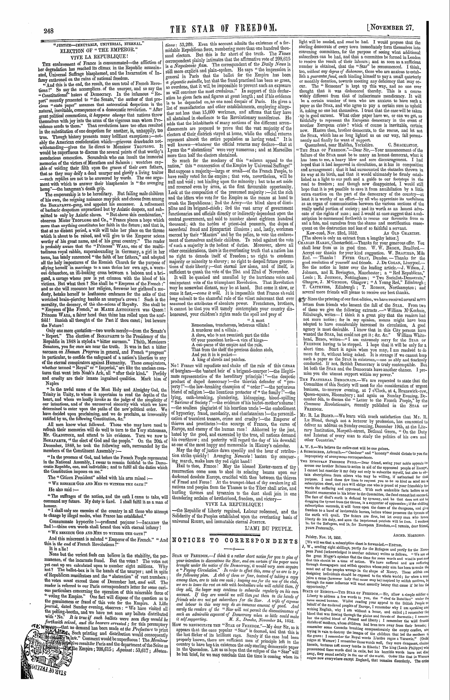 Northern Star (1837-1852): jS F Y, 1st edition - Notices To Coeuespoh Dents