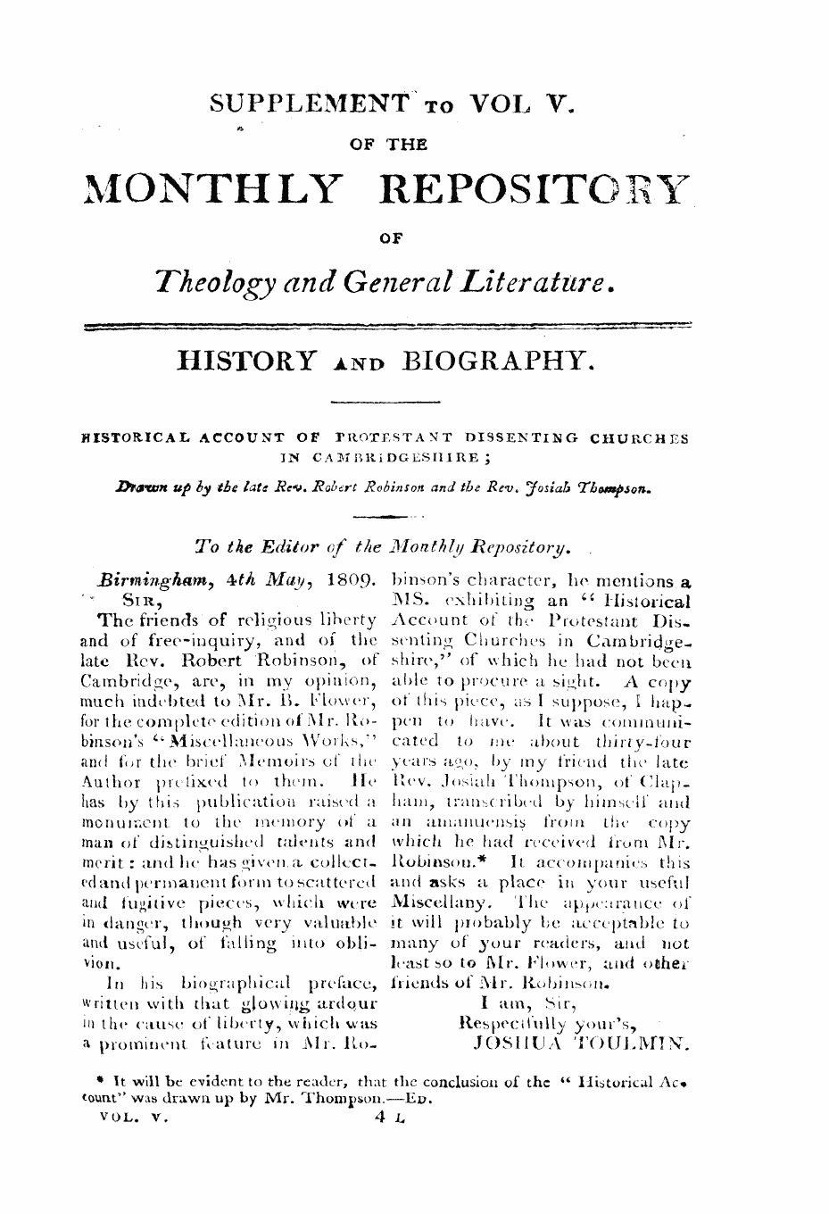 Monthly Repository (1806-1838) and Unitarian Chronicle (1832-1833): F Y, 1st edition, Supplement - Untitled Article