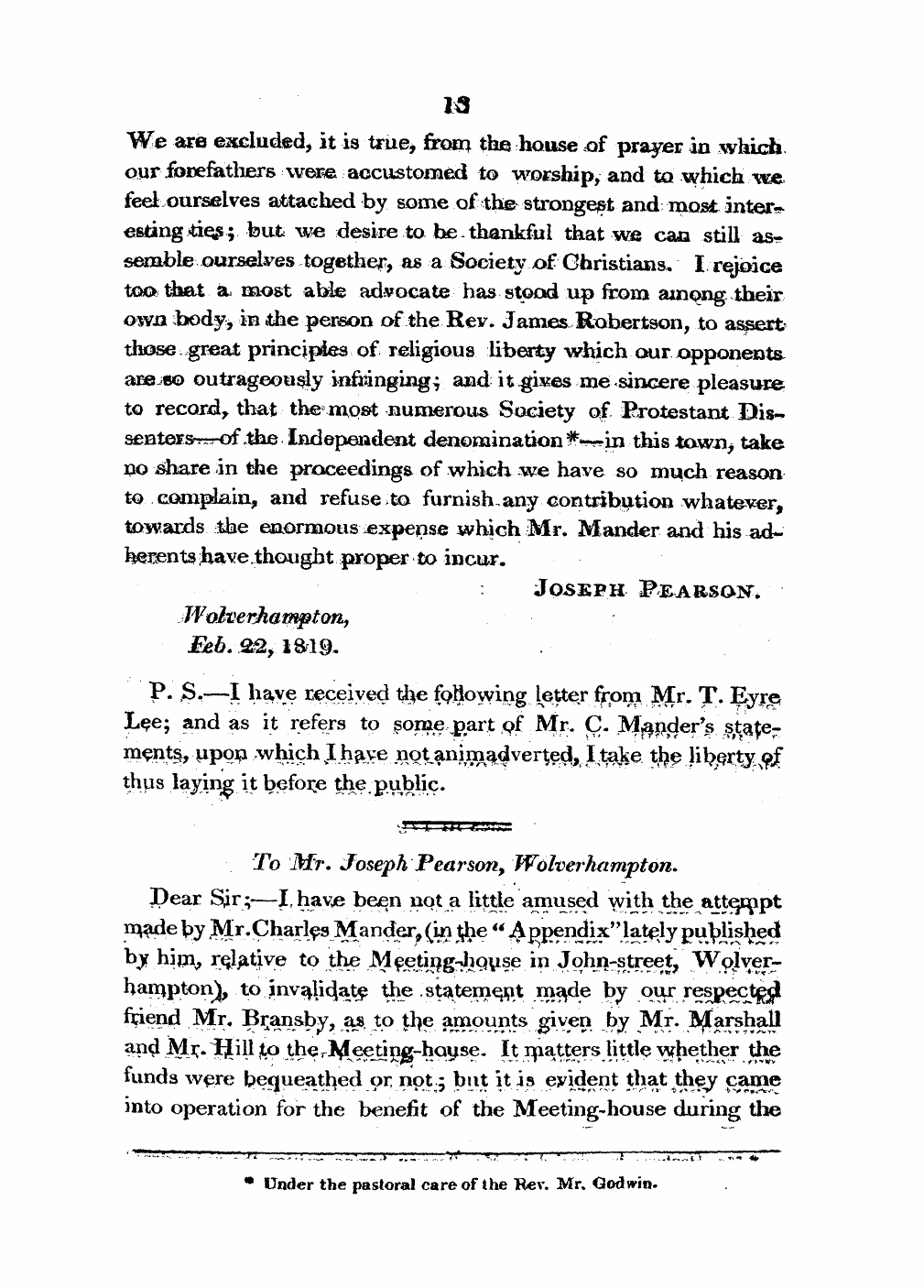 Monthly Repository (1806-1838) and Unitarian Chronicle (1832-1833): F Y, 1st edition, Supplement - To "Mr. Joseph Pearson, Wolverhampton. D...