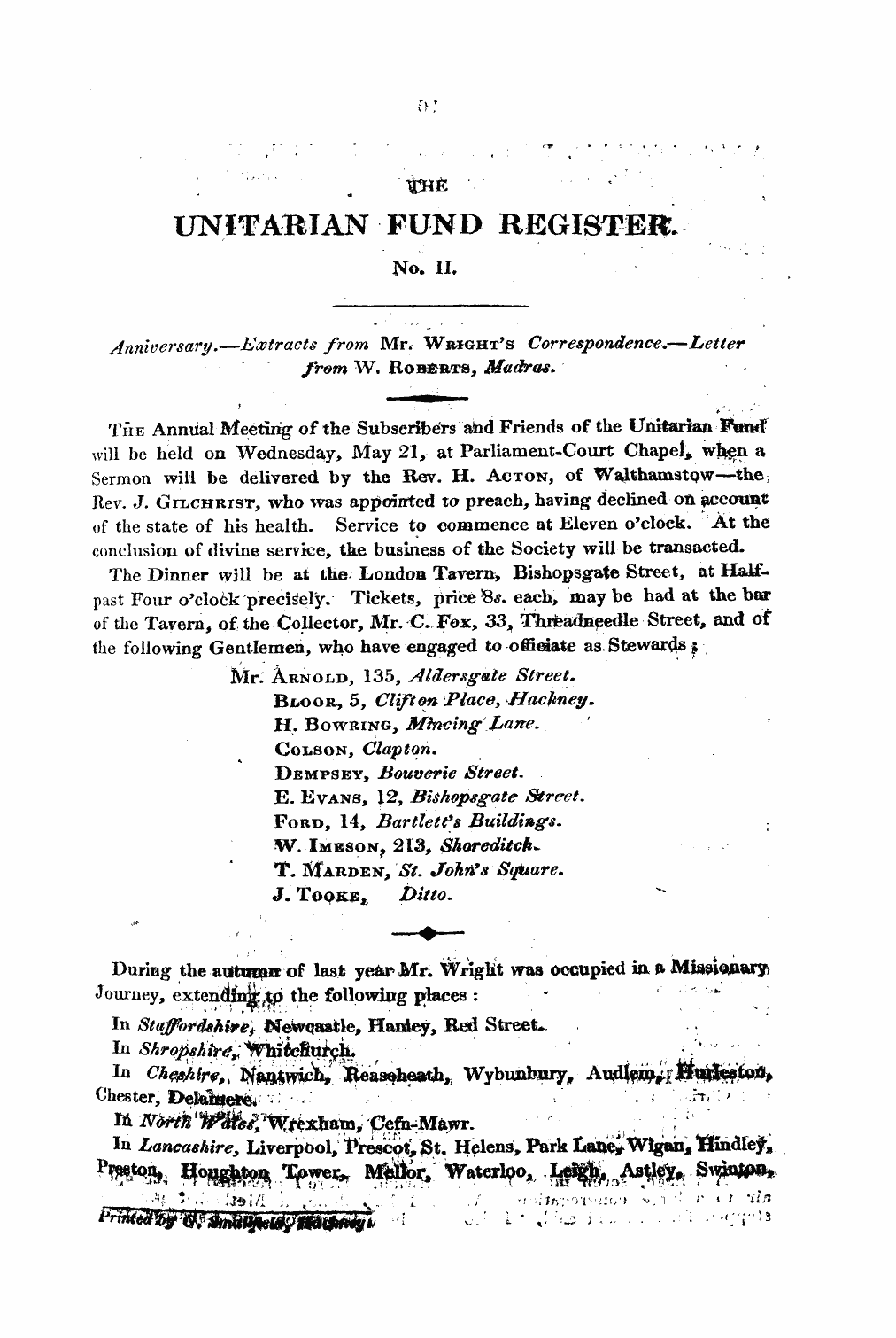 Monthly Repository (1806-1838) and Unitarian Chronicle (1832-1833): F Y, 1st edition, Supplement - Anniversary.—Extracts From Mr. Wbjght's Correspondence.—Letter From W, Roberts, Madras.