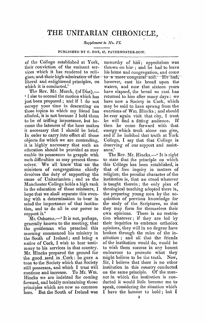 Monthly Repository (1806-1838) and Unitarian Chronicle (1832-1833): F Y, 1st edition, Supplement to no. 6 - Vji ;He College Established At York, • • R T , 1 •