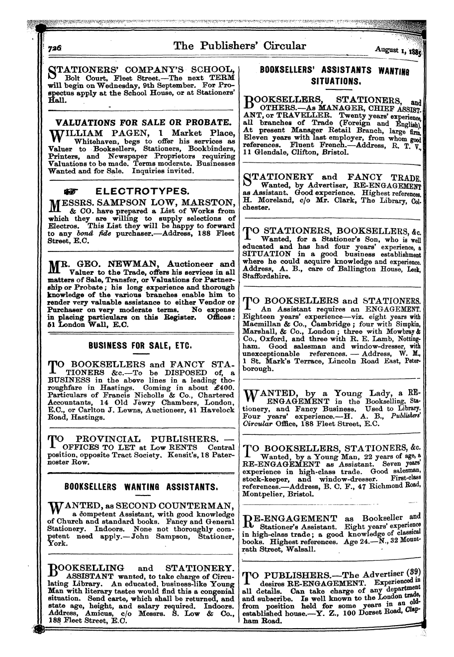 Publishers’ Circular (1880-1890): jS F Y, 1st edition - Ad04614