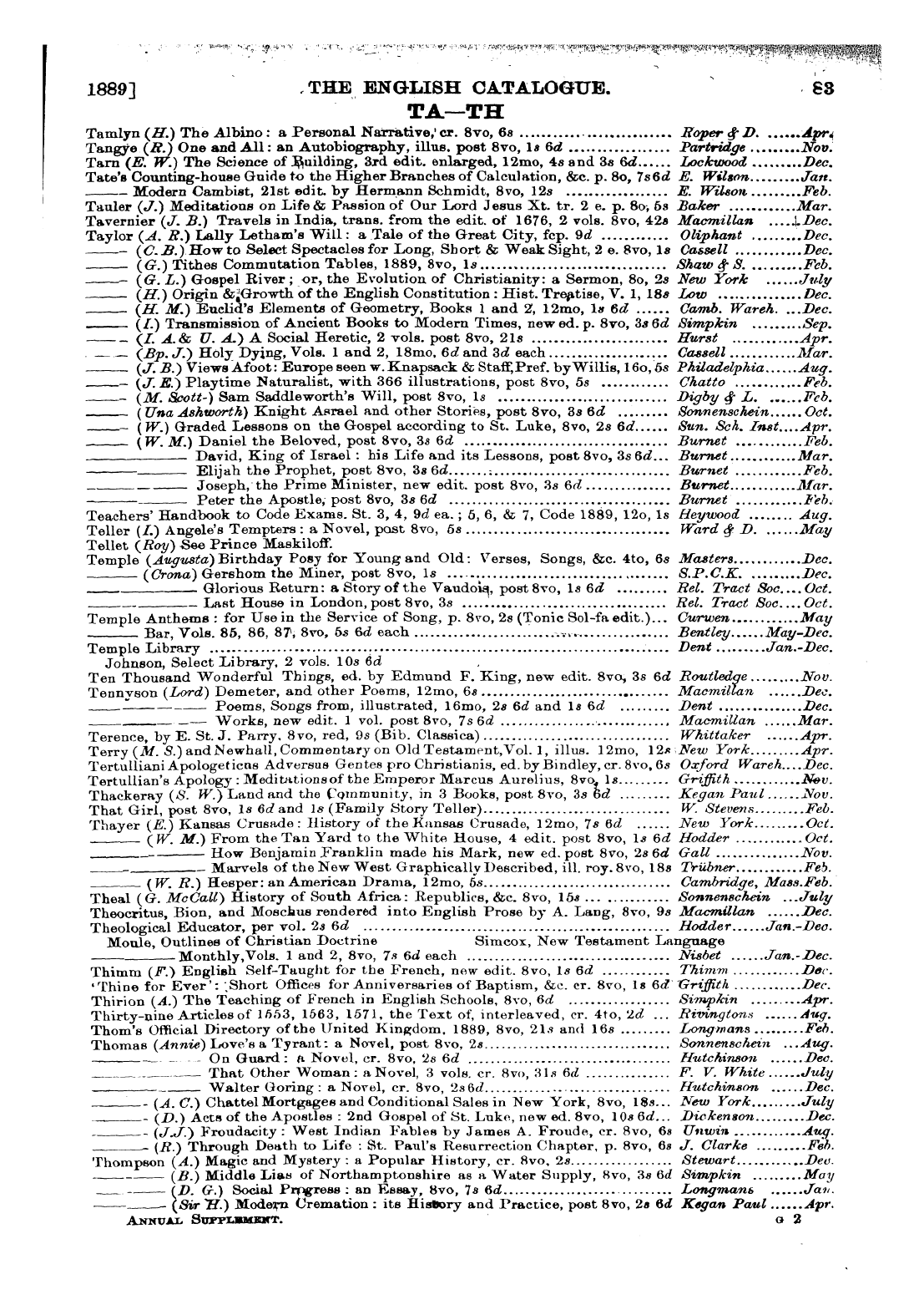 Publishers’ Circular (1880-1890): jS F Y, 1st edition: 85