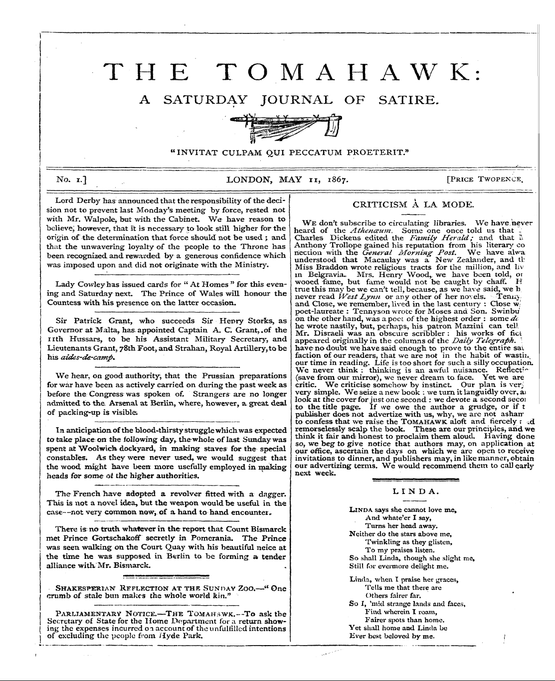 Tomahawk (1867-1870): jS F Y, 1st edition - Criticism A La Mode.