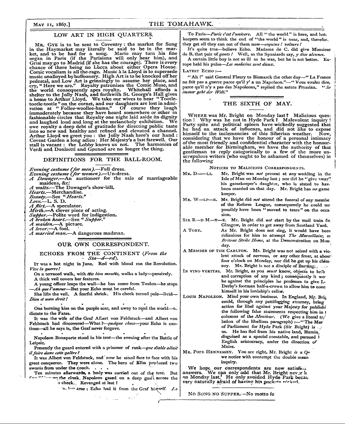 Tomahawk (1867-1870): jS F Y, 1st edition - No Song No Supper.—No Motto Fo