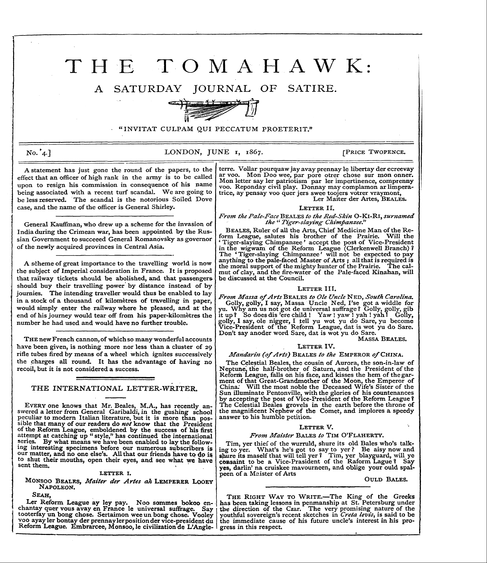 Tomahawk (1867-1870): jS F Y, 1st edition - Swered Every A Letter One Knows From Gen...