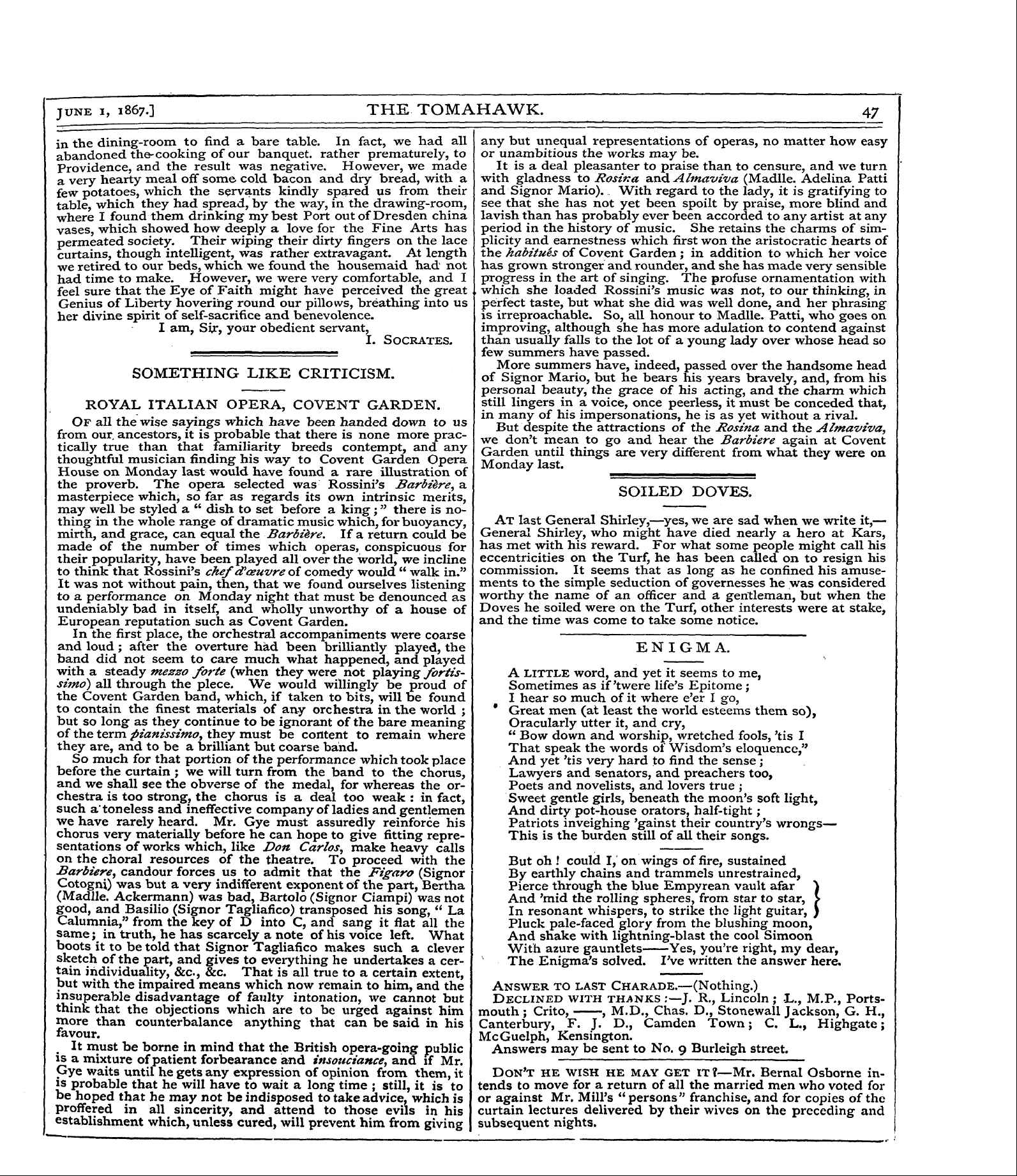 Tomahawk (1867-1870): jS F Y, 1st edition - Enigma.